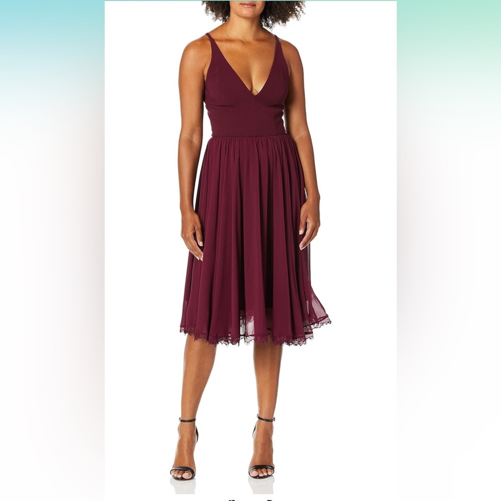 Dress the Population Women's Alicia Plunging Mix Media Fit and Flare Midi Dress